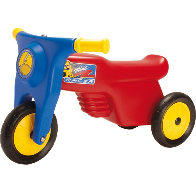 Scooter med gummihjul. 1 forhjul og 2 baghjul. Rød og blå med 
gule farver. Mini racer til børn. Kan bruges til at kører på. 
På vejen, gaden eller på camping.