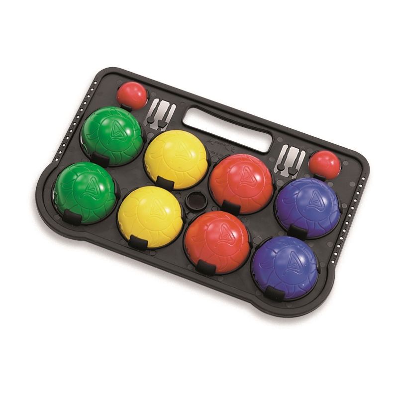 Udendørsspil med 8 bolde og 2 små bolde. Petanque spil i 
plastik. Med 8 bolde i 4 farver, 2 af hver. Den lille 
bold kaldes GRISEN. Mange timers leg i haven eller ved 
stranden. Nemt at tage med på camping og udflugt.  